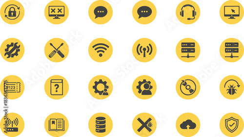 Information Technology Support Services Icon Set, Computer Network and Server Management, Tech Gear, Tools, Data Security, Wireless Connection, and Troubleshooting Vector Collection 
