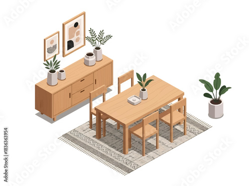 3D isometric Scandinavian dining room with table, chairs, and pendant lamp, ideal for interior styling, modern furniture concepts, and smart home layouts