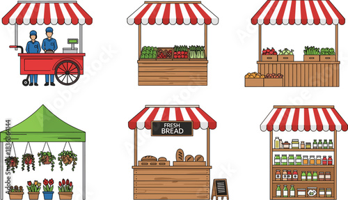 Outdoor Market Stalls Set Farmers Bakery Street Vendor Kiosk Collection Illustration, Fresh Produce Food Flower Retail Shop, People Selling Goods, Local Organic Freshness Display,