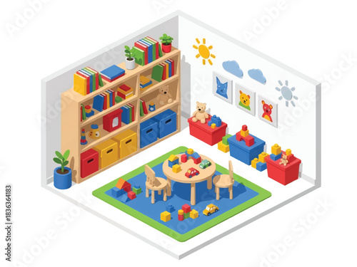 3D isometric colorful playroom interior with toys, shelves, play mat, and child furniture, ideal for education visuals, family themes, and playful home concepts