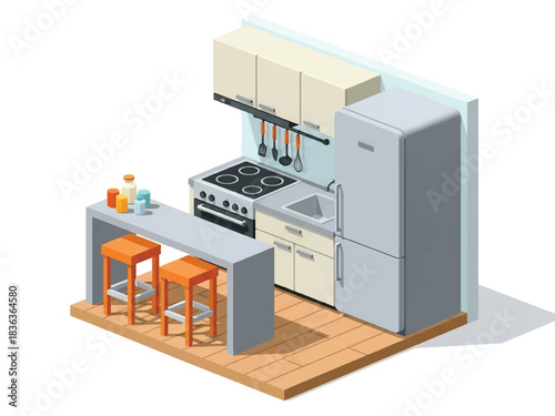 3D isometric walk-in closet with wardrobe racks, mirror, seating bench, and storage drawers, ideal for home luxury layouts and fashion lifestyle designs