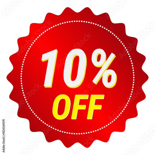 10% Off sticker. Red starburst sticker with "10% OFF" in white and yellow text, indicating a discount or special offer.