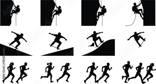 Rock Climbing, Skateboarding, and Running Silhouettes: Dynamic Vector Set of Extreme Sports Athletes, Joggers, and Adventurers for Fitness, Outdoor Recreation, and Active Lifestyle Design Concepts