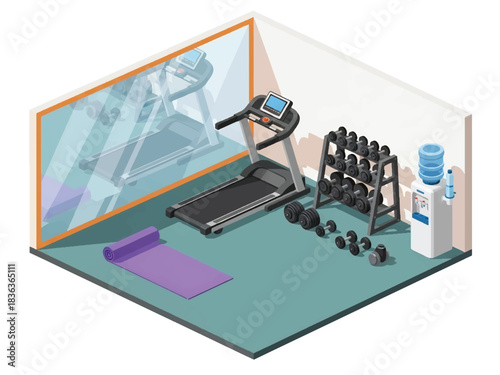3D isometric gym room interior with treadmill, dumbbells, yoga mat, and mirror wall, ideal for fitness lifestyle designs and modern home environments