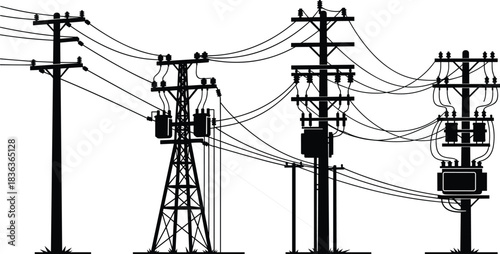 Silhouette Black and Blue Vector Illustration of Various Electric Utility Poles Towers Wires Cables Power Lines Transformers Infrastructure for Residential Urban Area Energy Distribution and 