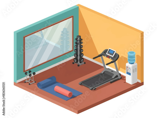 3D isometric gym room interior with treadmill, dumbbells, yoga mat, and mirror wall, ideal for fitness lifestyle designs and modern home environments