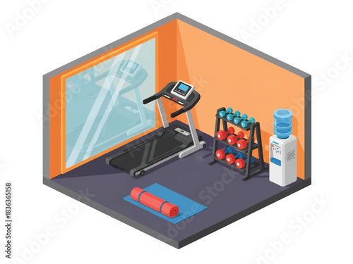 3D isometric gym room interior with treadmill, dumbbells, yoga mat, and mirror wall, ideal for fitness lifestyle designs and modern home environments