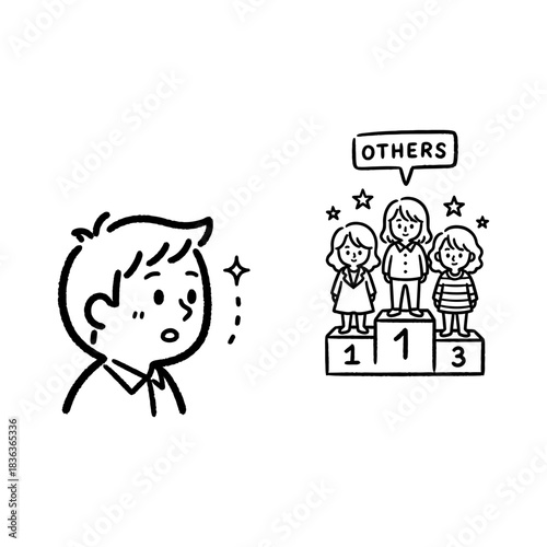 Minimalist Line Art Illustration of Person Admiring Others on Podium