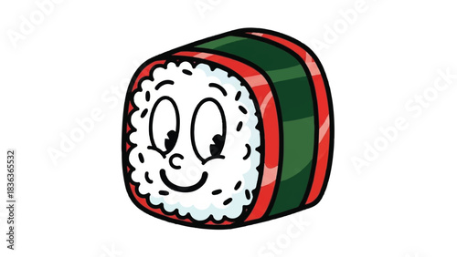 Cute cartoon sushi roll character with a happy face.