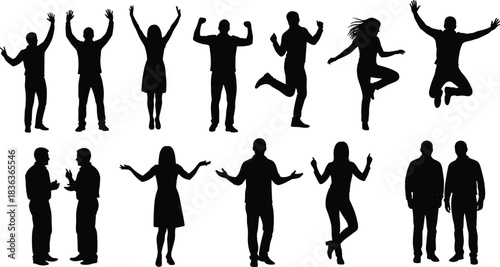 Silhouettes of diverse people group expressing joy, victory, conversation, and happiness with arms raised, jumping, standing, talking, and celebrating success, isolated vector collection for