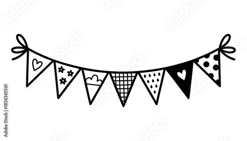 Black and white doodle style bunting flags with hearts clouds flowers and patterns garland party