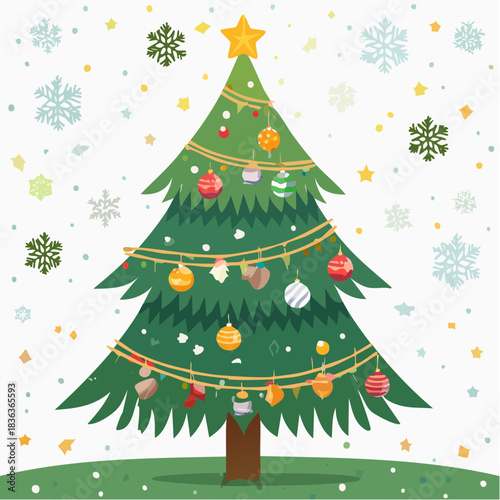 Festive Christmas Tree Decorated with Ornaments and Snowflakes, Evoking Holiday Cheer and Winter Celebration