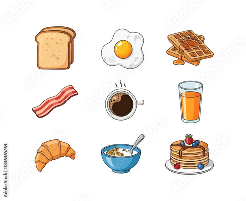 Breakfast food assortment toast eggs waffles bacon coffee juice croissant cereal pancakes