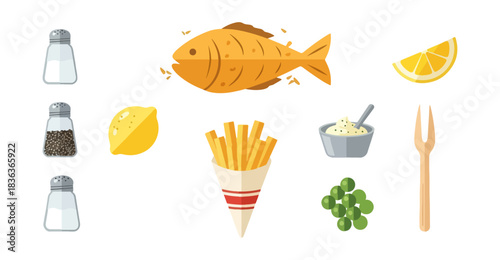 Cartoon fish and chips meal isolated on black background