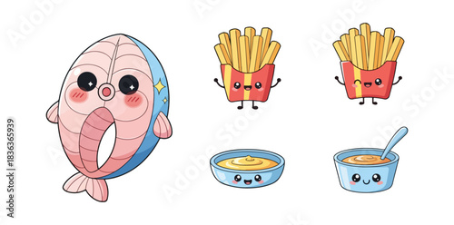 Cartoon fish french fries and dips illustration on black