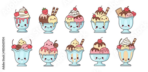 Cartoon ice cream sundaes with faces in glass cups