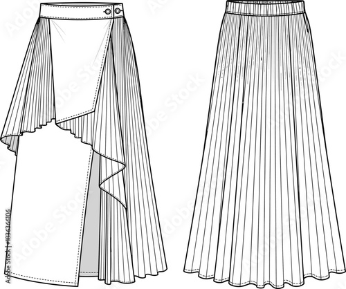 Technical Fashion Sketch of Elegant Women's Pleated Asymmetrical Wrap Skirt with High-Waist Button Closure and Ruffle Detail, Ready-to-Wear Midi Length Apparel CAD Vector Flat.