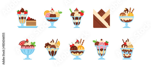 Ice cream sundaes and desserts assortment vector illustration