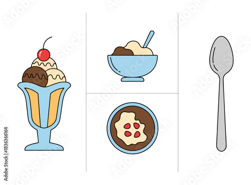 Ice cream sundae dessert icon set with spoon on black