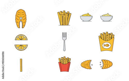 Illustrated food set salmon fries lemon and condiments