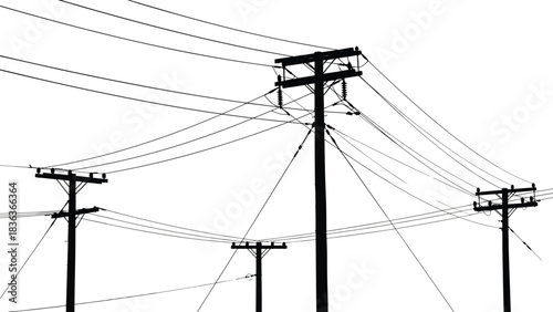 Utility Poles and Power Lines Silhouettes against White Sky Vector Illustration, Electrical Grid Infrastructure, High Voltage Wires Crossing, Urban Energy Delivery System for Electricity Distribution.