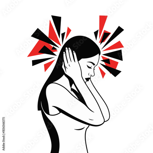 Woman covering ears from loud noise or headache. Pop art vector illustration of stress and pain. Concept of tinnitus and sensory overload isolated on transparent background