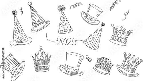Seamless pattern with party hats crowns and confetti for new year 2026 celebration