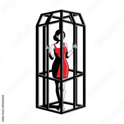 Symbolic illustration of a woman trapped in a cage. Metaphor for anxiety, oppression, and confinement. Minimalist black and white vector with a red accent