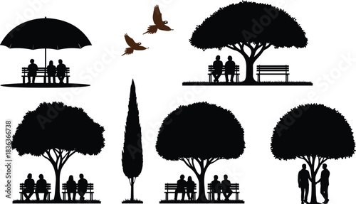 Vector silhouette collection of park life scenes, featuring people relaxing on benches under large trees, couple walking hand-in-hand, classic umbrella shading, flying birds, 