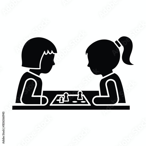 Children playing chess silhouette icon