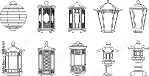 Hand drawn collection of asian lanterns in various shapes and styles