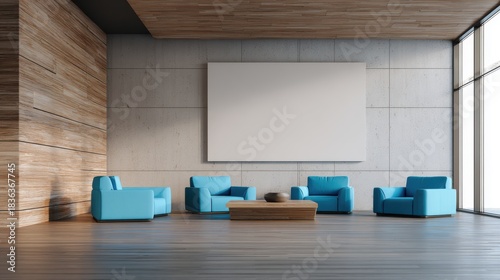 Modern and Minimalist Living Room Interior with Wooden Accents and Blue Upholstered Furniture in a Bright Open Space