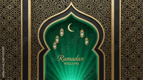 Elegant Ramadan welcome background with crescent moon, lanterns, and golden Islamic geometric patterns in a green archway.