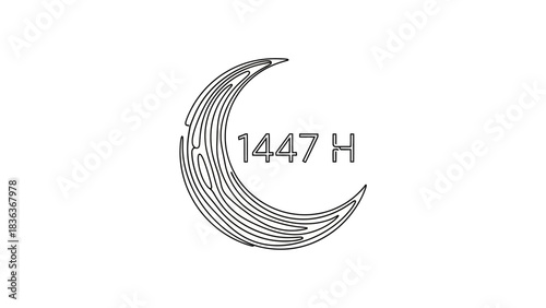 A stylized crescent moon with intricate line patterns and the text '1447 H' inscribed within, set against a clean white background.