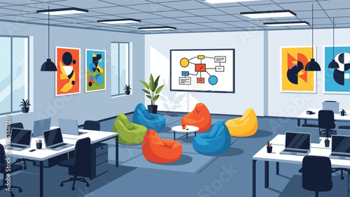 Flat vector creative startup office interior with shared desks, laptops, bean bags, brainstorming whiteboard, and casual layout. Perfect for teamwork and innovation concepts