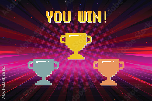 Pixel art 8-bit "You Win" text with one big winner golden cup. for game assets in vector illustrations.	