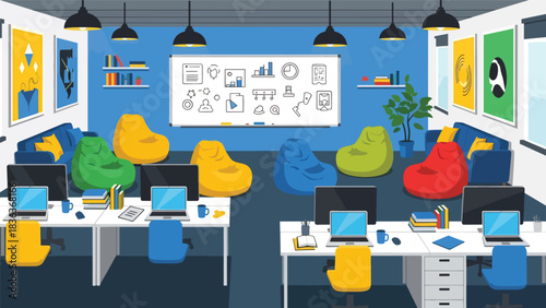 Flat vector creative startup office interior with shared desks, laptops, bean bags, brainstorming whiteboard, and casual layout. Perfect for teamwork and innovation concepts