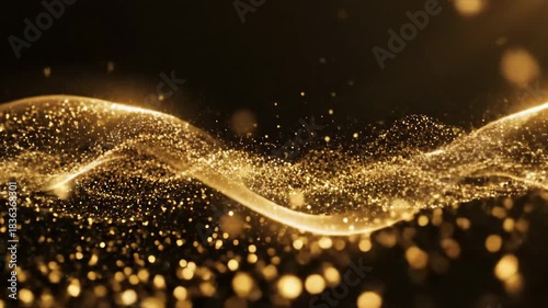Abstract futuristic background design with a dynamic flow of glowing golden particles creating an elegant digital wave