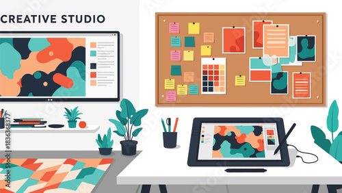 Flat vector illustration of a creative design studio office with computer, drawing tablet, posters, and color boards. Ideal for graphic design and digital art themes