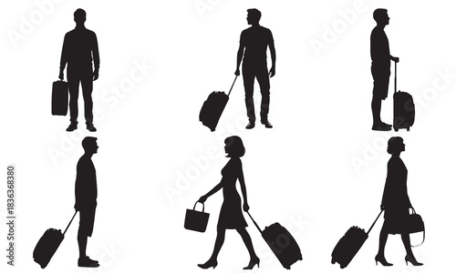 Collection of diverse traveler silhouettes with luggage in various poses and perspectives silhouette