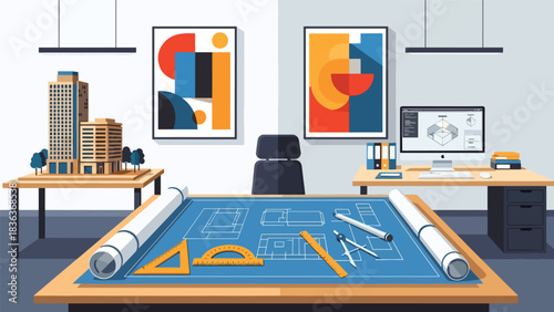 Flat vector interior of an engineering and architecture office with blueprint table, tools, and workstation. Ideal for technical design and construction planning topics