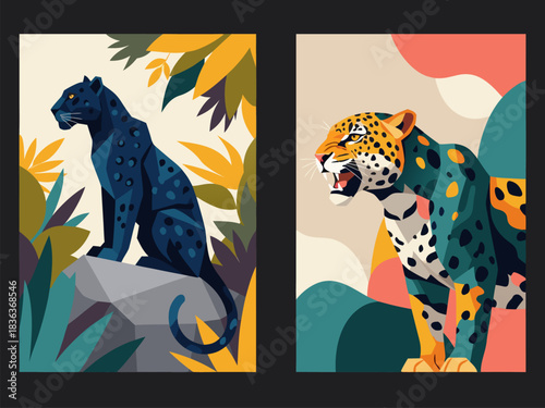 Jaguar and Panther Illustrations Exotic Wildlife Art for Posters and Prints