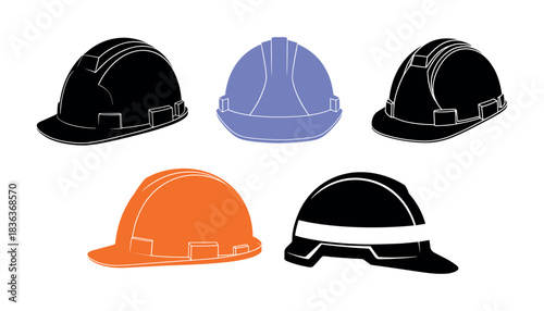 Five hard hats in black orange and purple with white outlines on white background safety helmet construction
