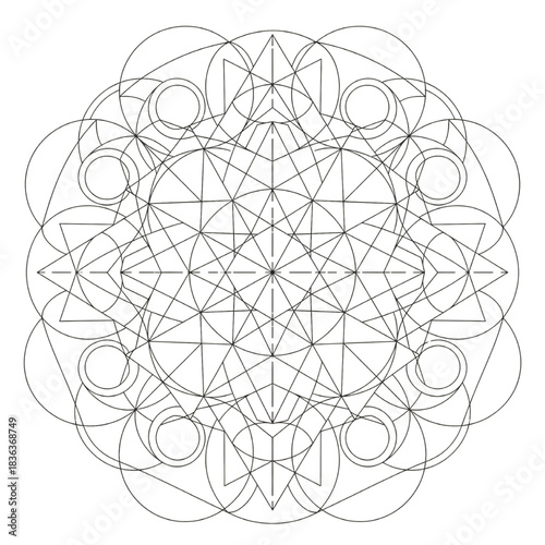 Intricate geometric mandala design, seamless pattern, modern abstract art, mindful coloring, spiritual inspiration, clean line art