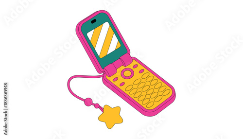 Pink flip phone with teal screen and yellow star charm on white background mobile phone cell phone