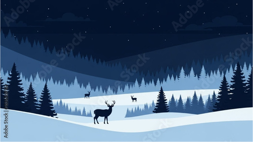 A majestic stag stands in a serene, snowy blue forest under a starry night sky