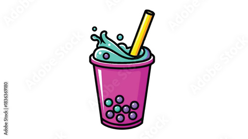 Vibrant Bubble Tea Drink with Splash and Straw Cartoon Illustration.