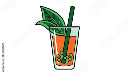 Refreshing Bubble Tea with Green Leaves and Straw.