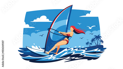Flat style illustration of a woman windsurfing on ocean waves under bright summer sky. Perfect for sports lifestyle, adventure activities, and summer outdoor action scenes