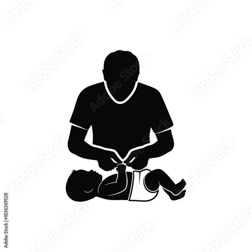 Father changing a baby s diaper in a simple silhouette illustration